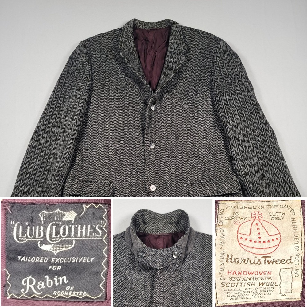 Harris Tweed Herringbone Sport Coat Blazer Mens Gray Wool Handwoven Vintage